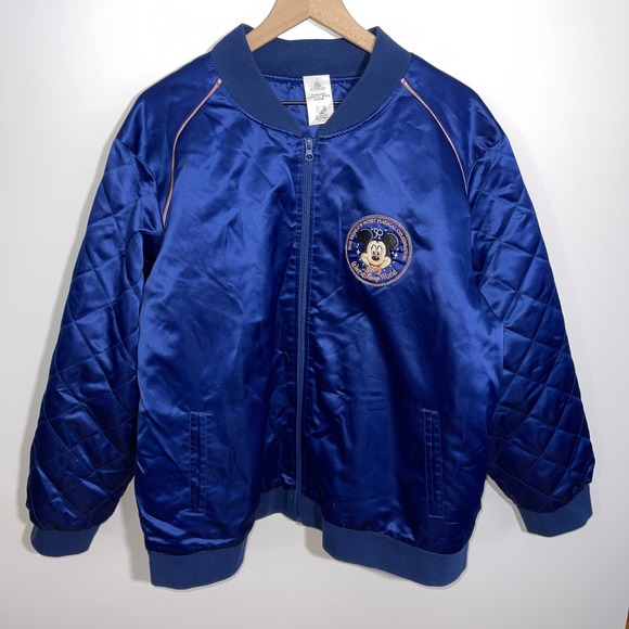 Disney World 50th Anniversary Mickey Mouse Bomber Jacket Blue Satin Quilted XL - Picture 1 of 11